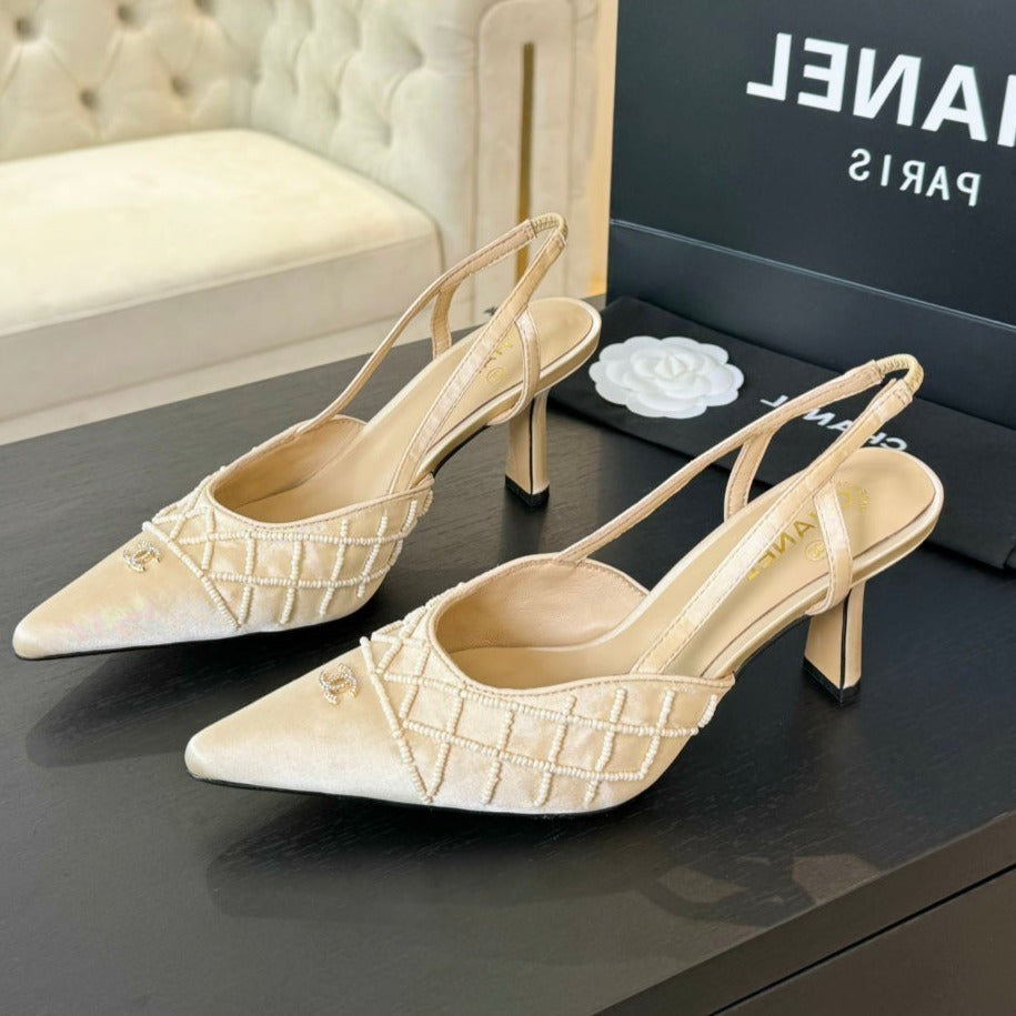 CHANEL POINTED SLINGBACK MID HEELS BEIGE CREAM LAMBSKIN