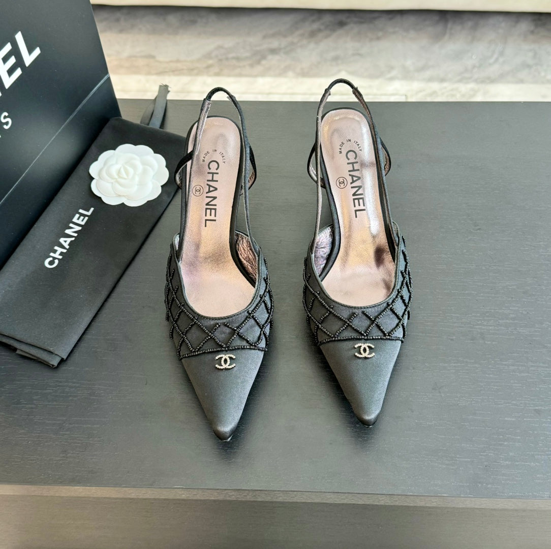 CHANEL POINTED SLINGBACK MID HEELS BLACK LAMBSKIN