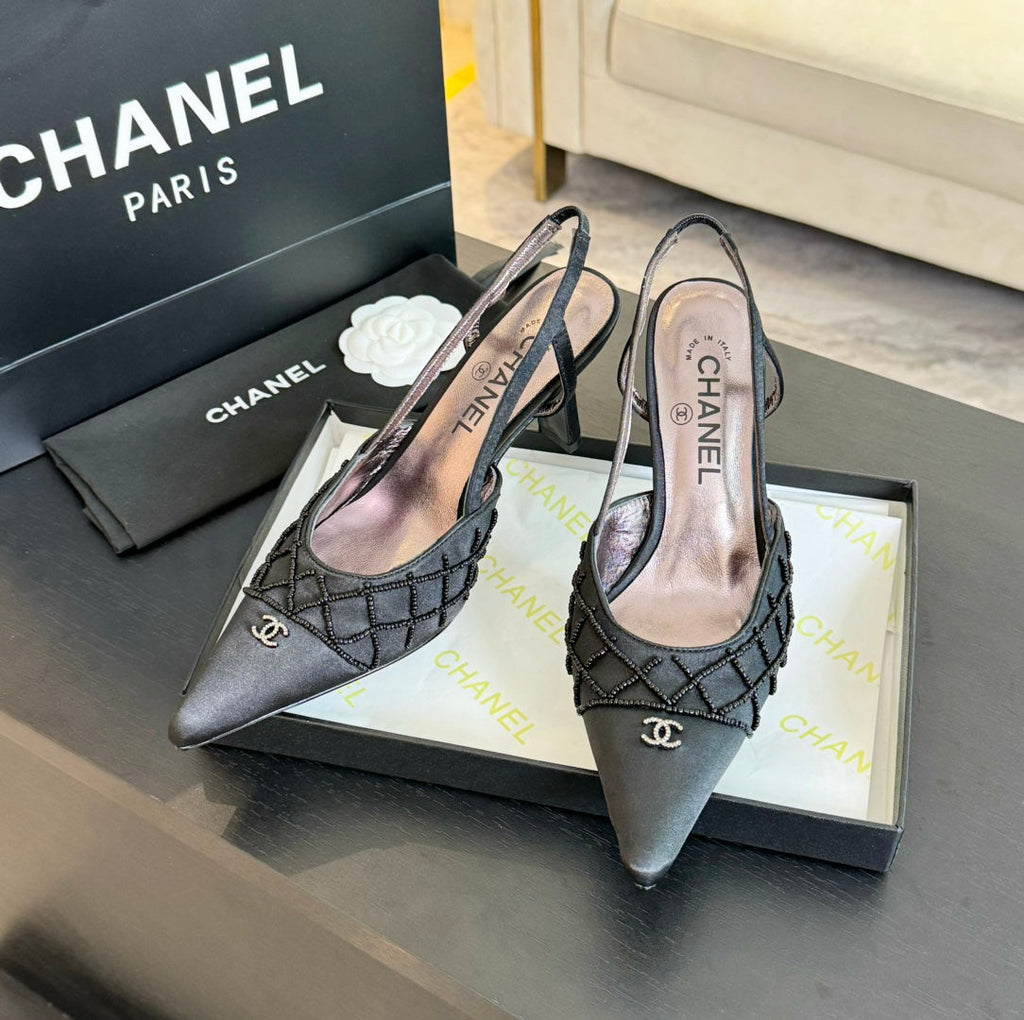 CHANEL POINTED SLINGBACK MID HEELS BLACK LAMBSKIN