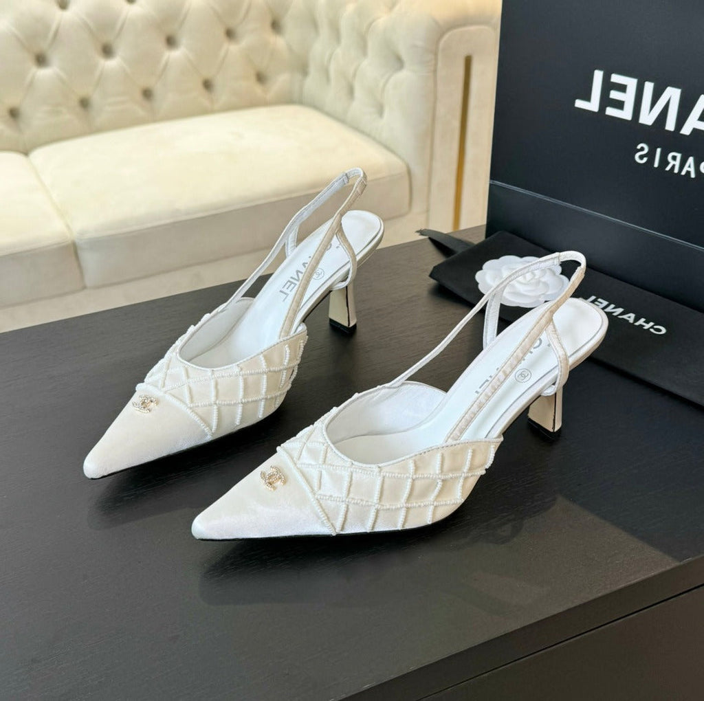 CHANEL POINTED SLINGBACK MID HEELS WHITE LAMBSKIN