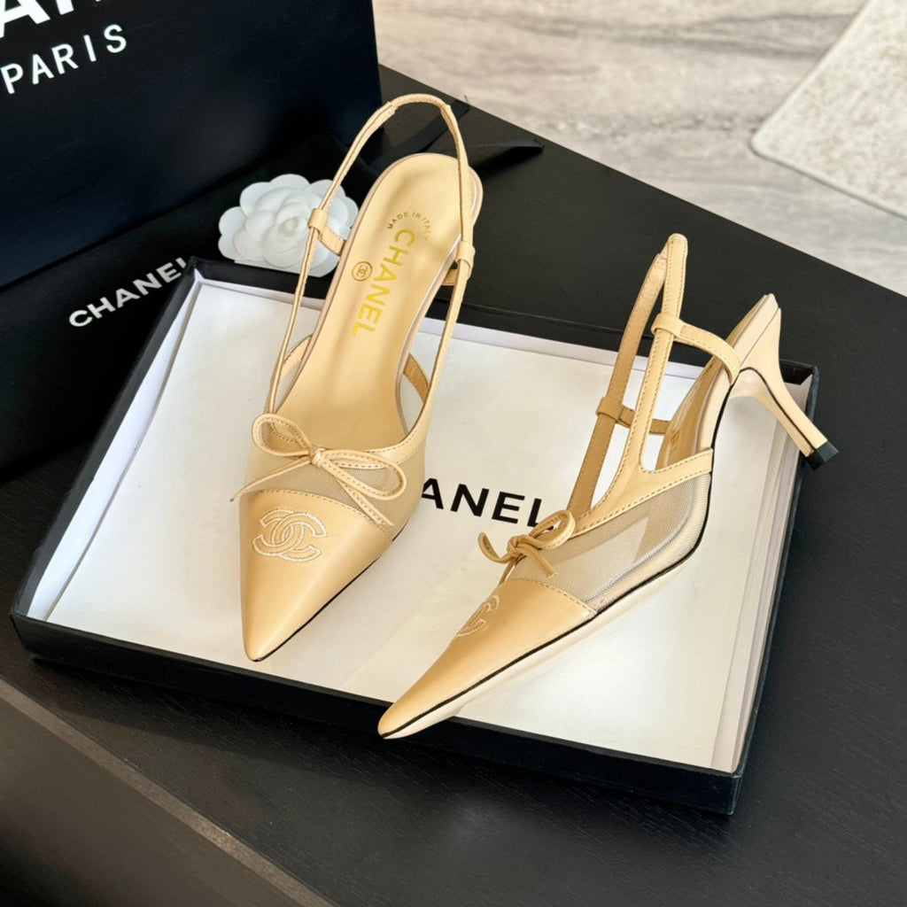 CHANEL MESH LOGO SLINGBACKS IN BEIGE LAMBSKIN