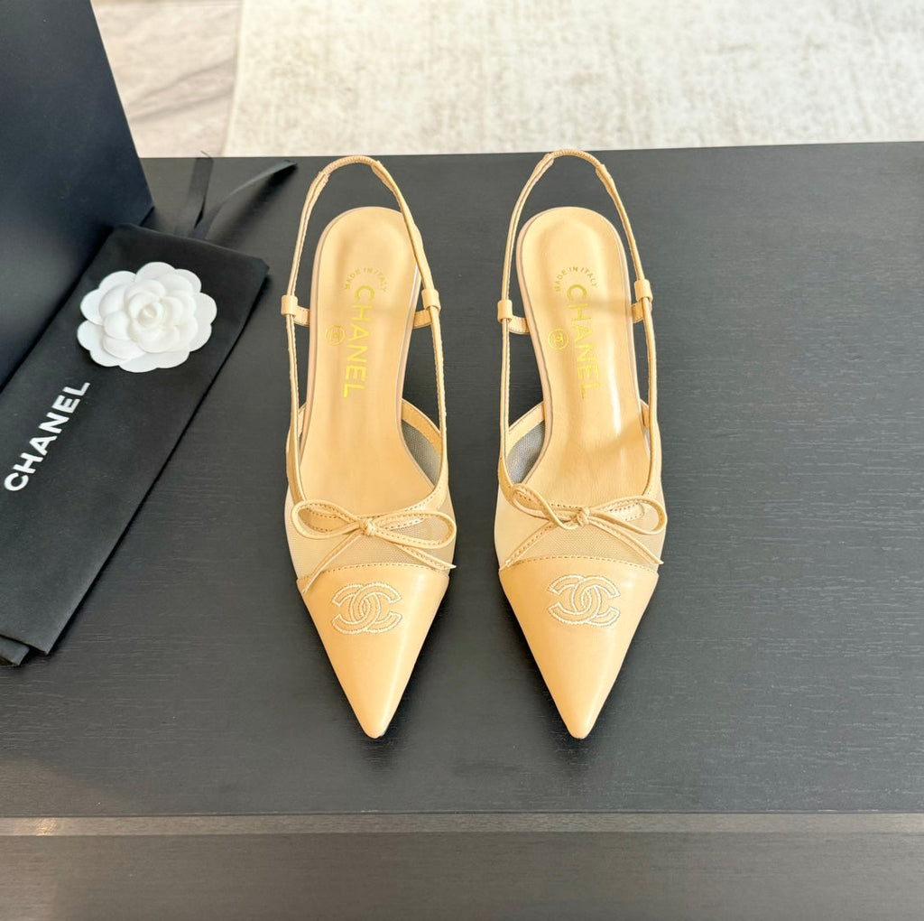 CHANEL MESH LOGO SLINGBACKS IN BEIGE LAMBSKIN