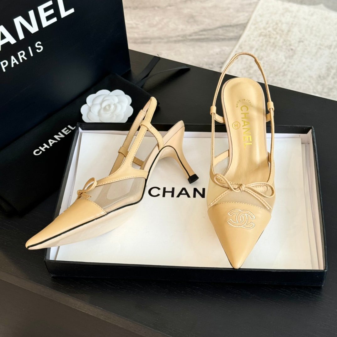 CHANEL MESH LOGO SLINGBACKS IN BEIGE LAMBSKIN