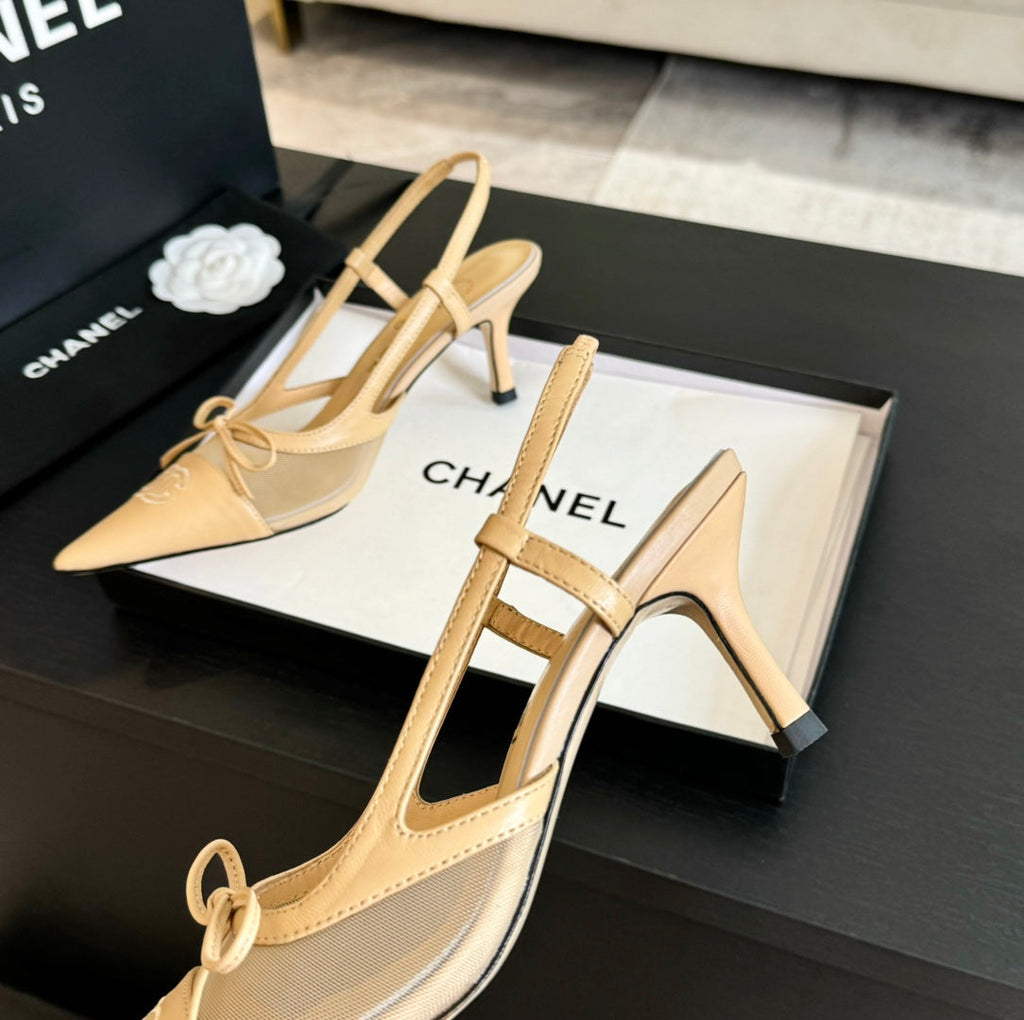 CHANEL MESH LOGO SLINGBACKS IN BEIGE LAMBSKIN