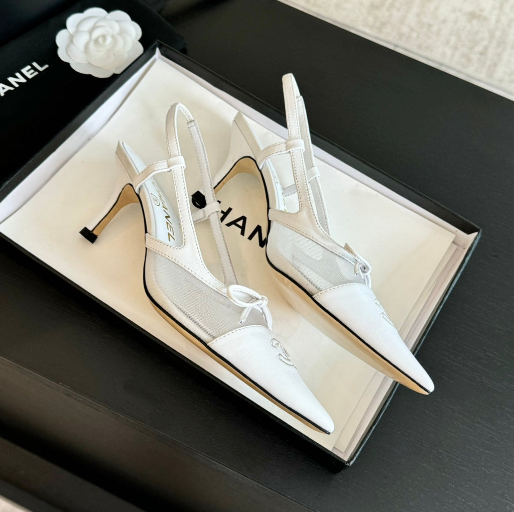 CHANEL MESH LOGO SLINGBACKS IN WHITE LAMBSKIN