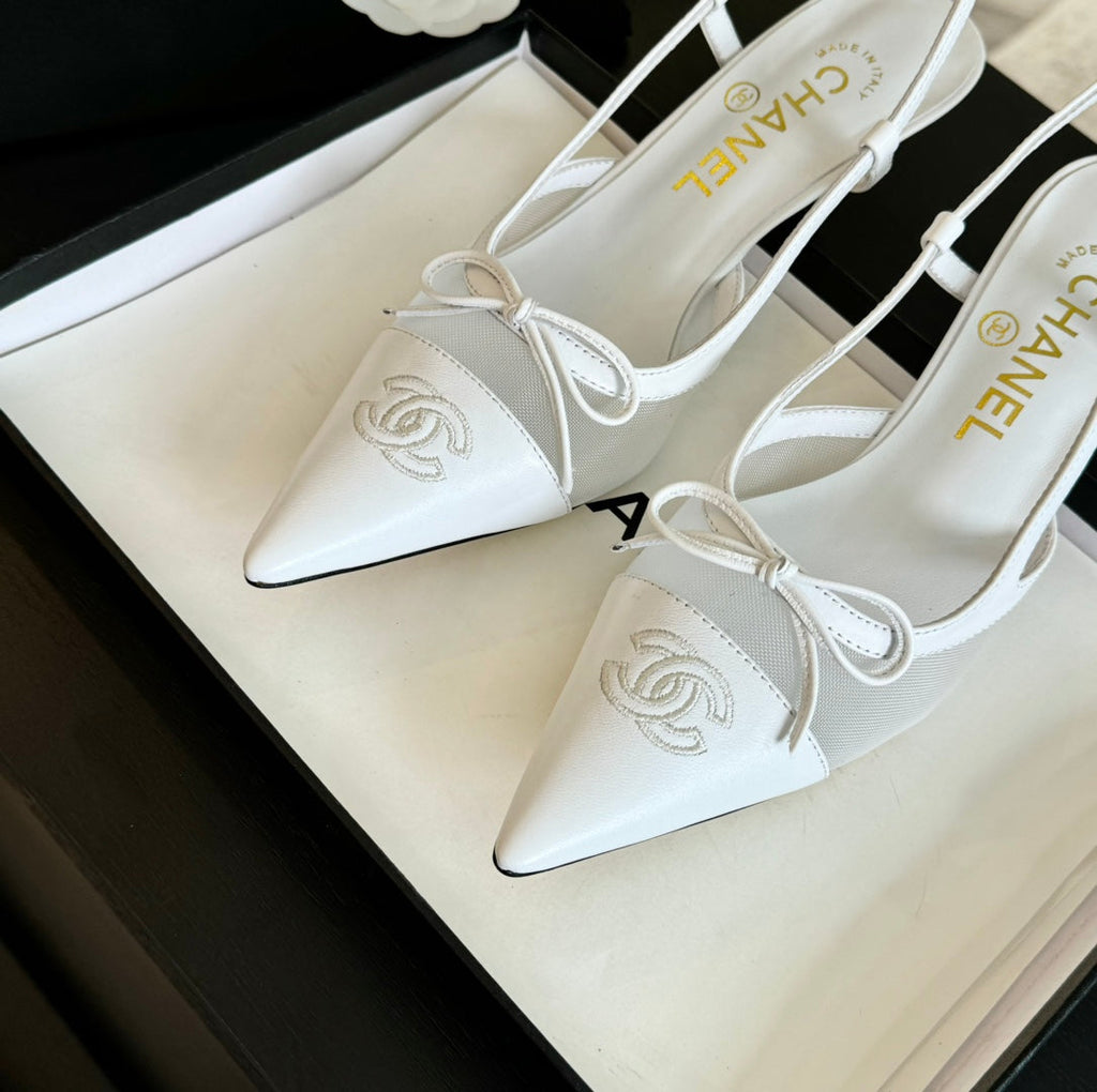 CHANEL MESH LOGO SLINGBACKS IN WHITE LAMBSKIN