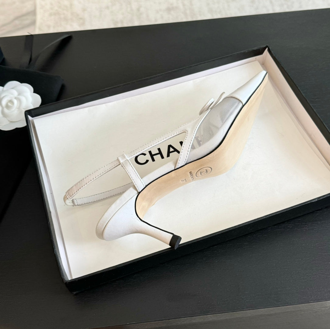 CHANEL MESH LOGO SLINGBACKS IN WHITE LAMBSKIN