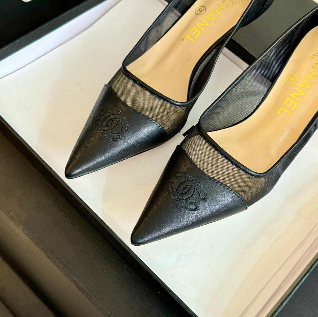 CHANEL MESH LOGO HEELS IN BLACK LAMBSKIN