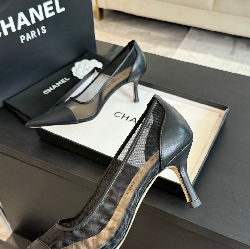 CHANEL MESH LOGO HEELS IN BLACK LAMBSKIN
