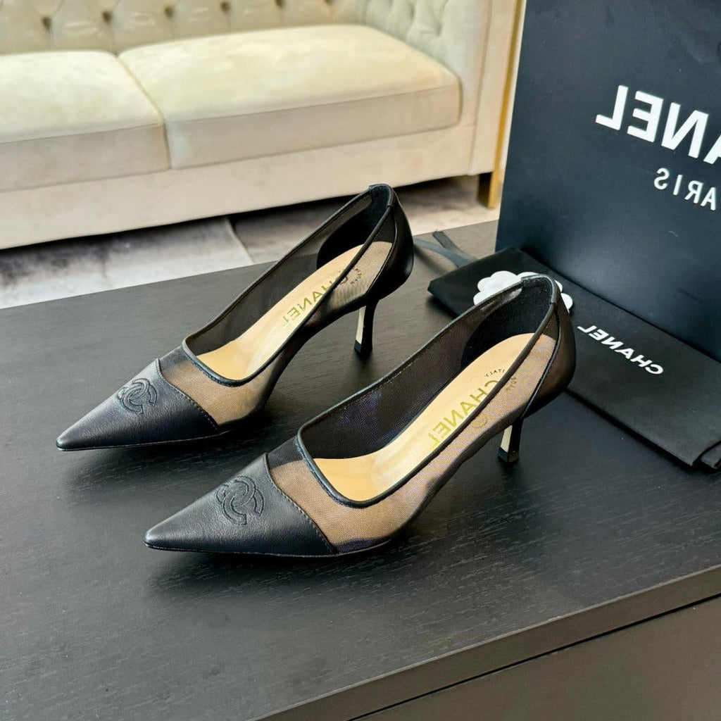 CHANEL MESH LOGO HEELS IN BLACK LAMBSKIN