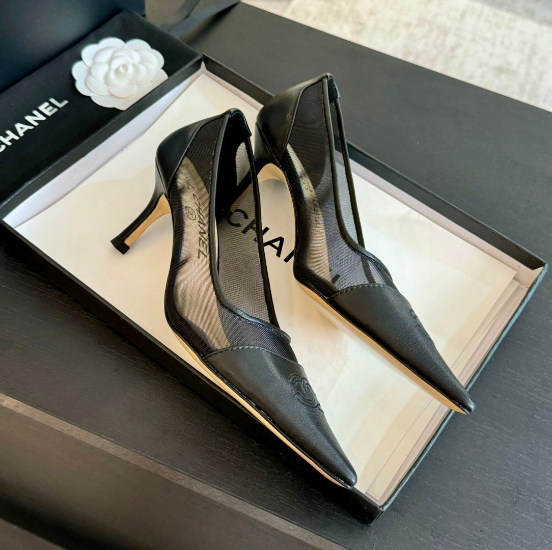 CHANEL MESH LOGO HEELS IN BLACK LAMBSKIN