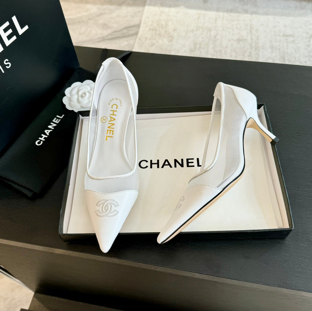 CHANEL MESH LOGO HEELS IN WHITE LAMBSKIN