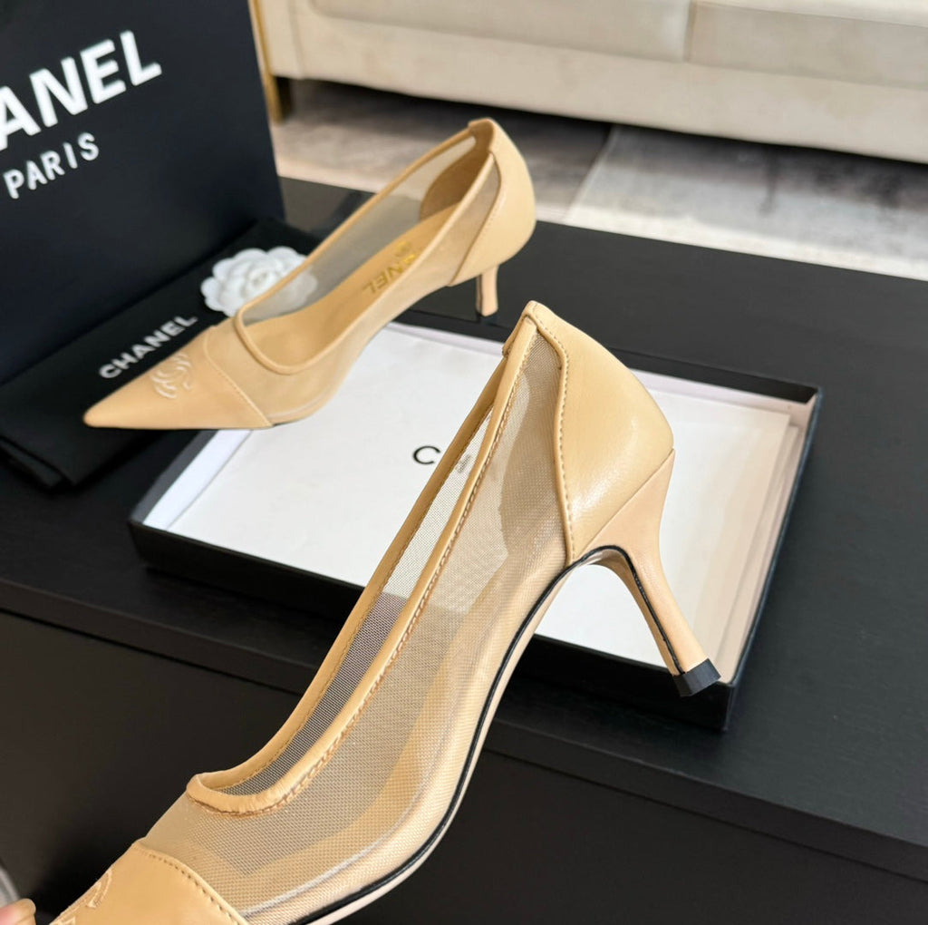 CHANEL MESH LOGO HEELS IN BEIGE LAMBSKIN