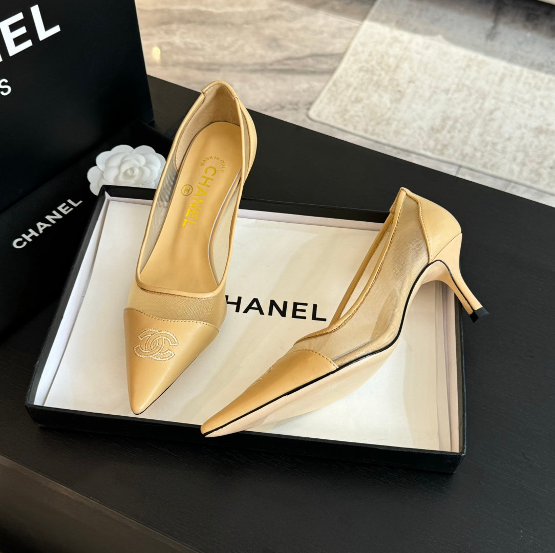 CHANEL MESH LOGO HEELS IN BEIGE LAMBSKIN