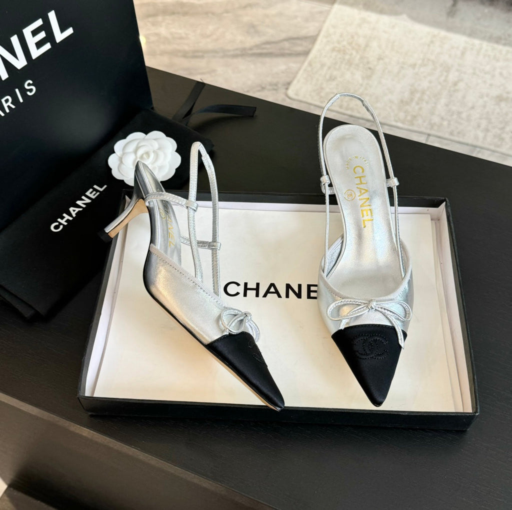 CHANEL SLINGBACK WITH BOW IN SILVER MIX BLACK LAMBSKIN