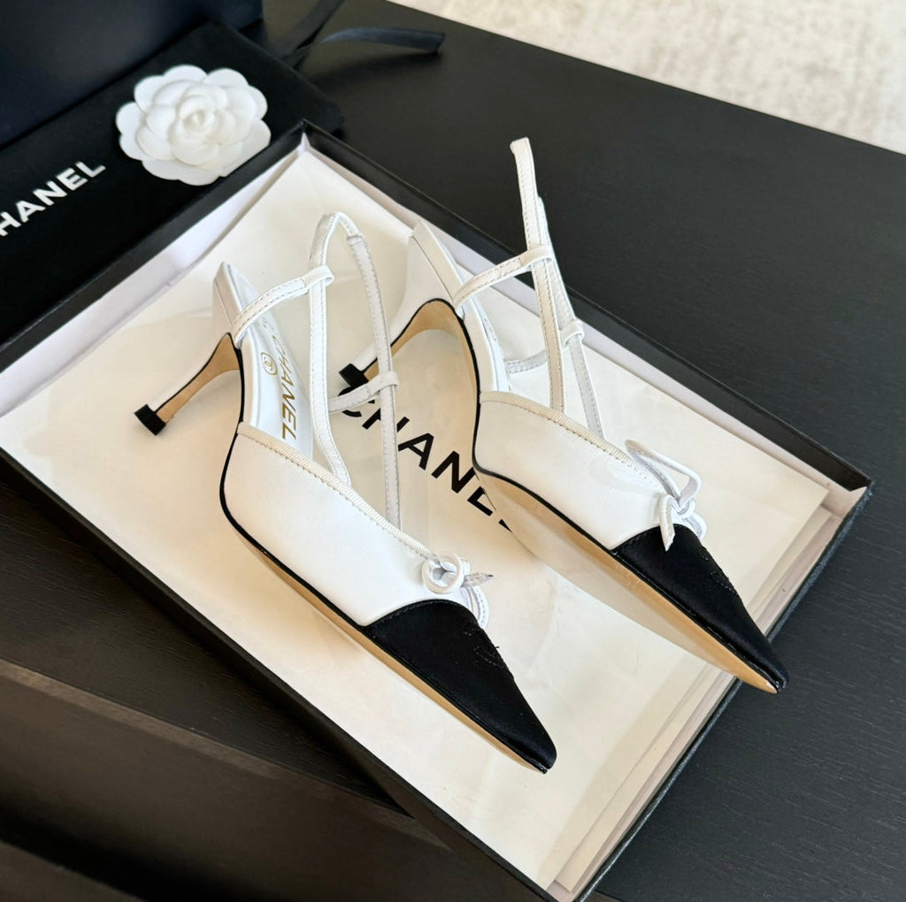 CHANEL SLINGBACK WITH BOW IN WHITE MIX BLACK LAMBSKIN