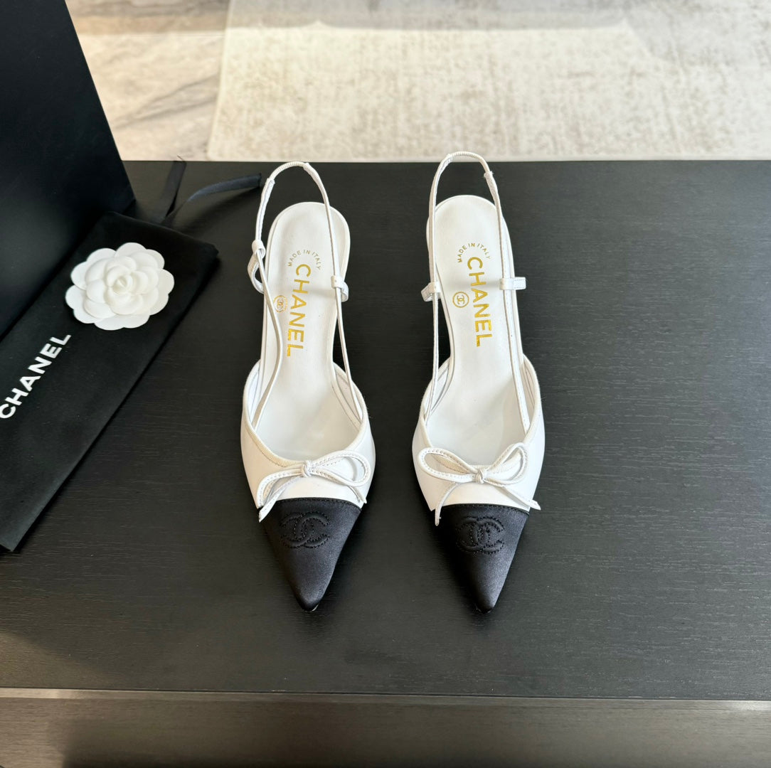 CHANEL SLINGBACK WITH BOW IN WHITE MIX BLACK LAMBSKIN