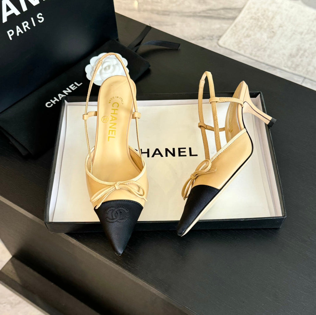 CHANEL SLINGBACK WITH BOW IN BEIGE CREAM MIX BLACK LAMBSKIN