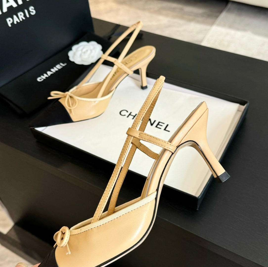 CHANEL SLINGBACK WITH BOW IN BEIGE CREAM MIX BLACK LAMBSKIN