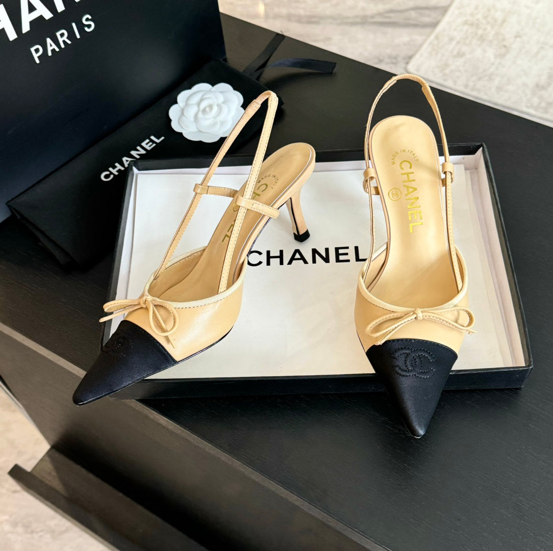 CHANEL SLINGBACK WITH BOW IN BEIGE CREAM MIX BLACK LAMBSKIN