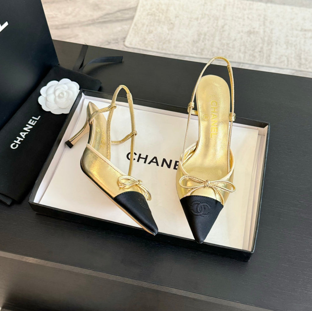 CHANEL SLINGBACK WITH BOW IN GOLDEN MIX BLACK LAMBSKIN