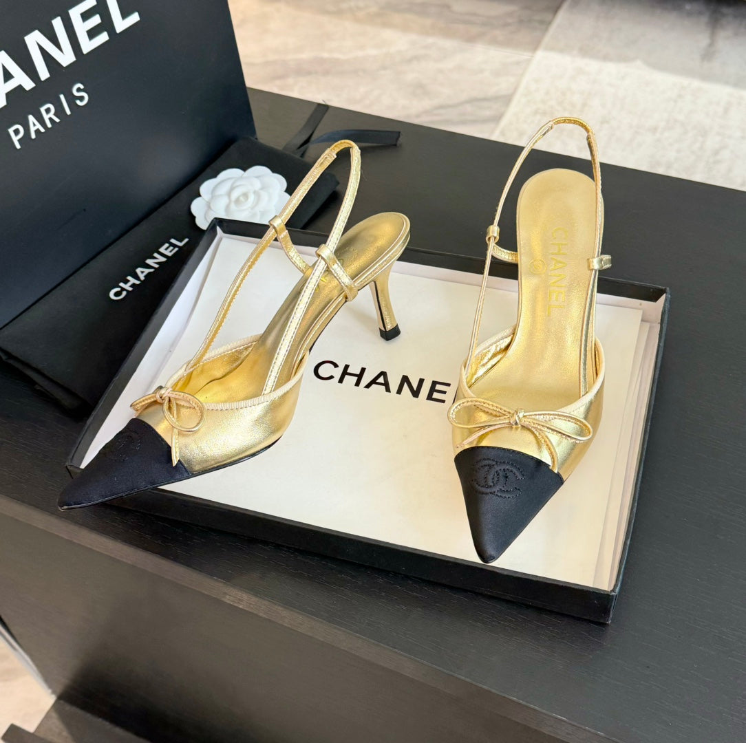 CHANEL SLINGBACK WITH BOW IN GOLDEN MIX BLACK LAMBSKIN