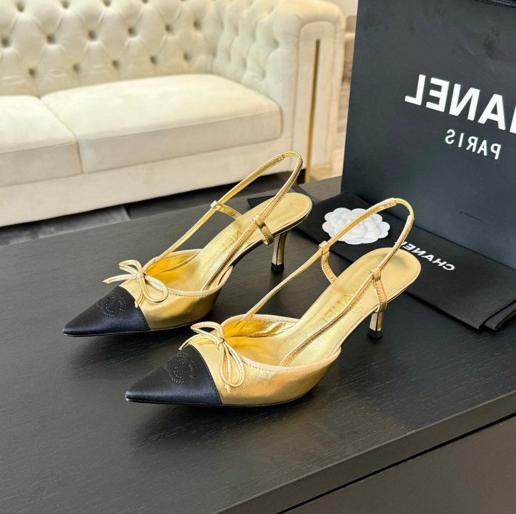CHANEL SLINGBACK WITH BOW IN GOLDEN MIX BLACK LAMBSKIN