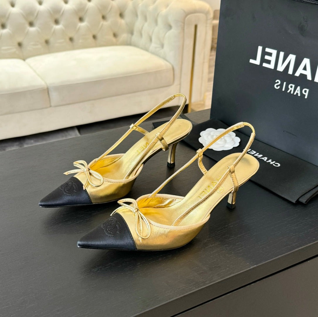 CHANEL SLINGBACK WITH BOW IN GOLDEN MIX BLACK LAMBSKIN