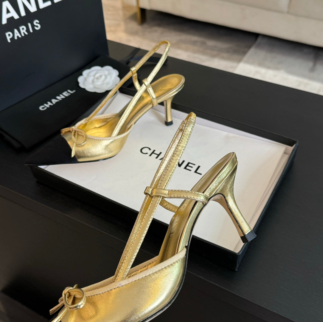 CHANEL SLINGBACK WITH BOW IN GOLDEN MIX BLACK LAMBSKIN