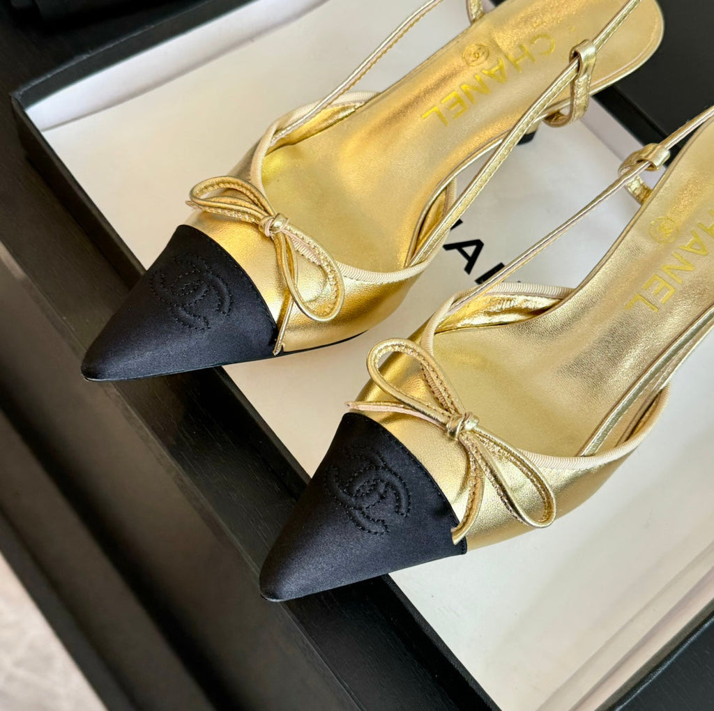 CHANEL SLINGBACK WITH BOW IN GOLDEN MIX BLACK LAMBSKIN