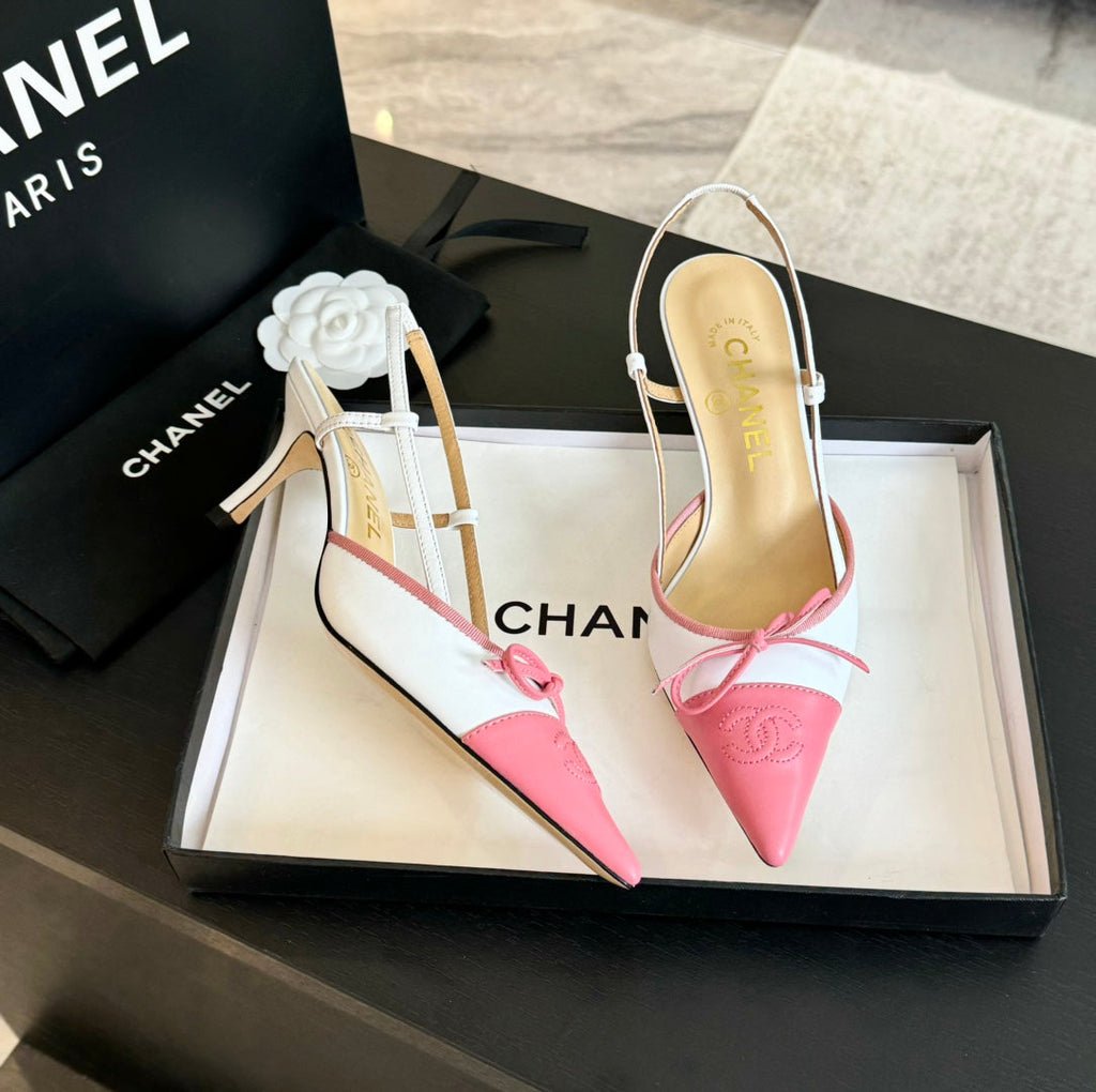 CHANEL SLINGBACK WITH BOW IN LIGHT PINK MIX WHITE LAMBSKIN