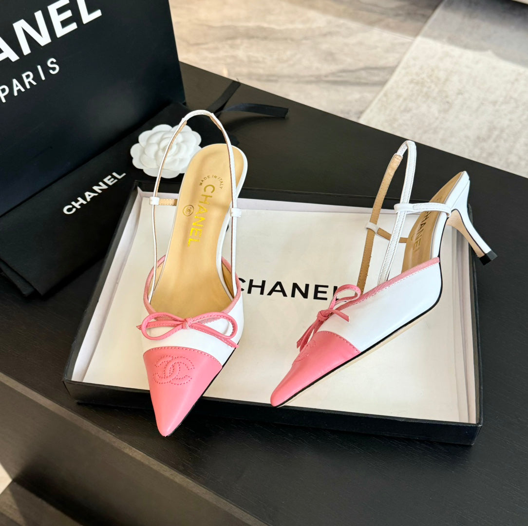 CHANEL SLINGBACK WITH BOW IN LIGHT PINK MIX WHITE LAMBSKIN