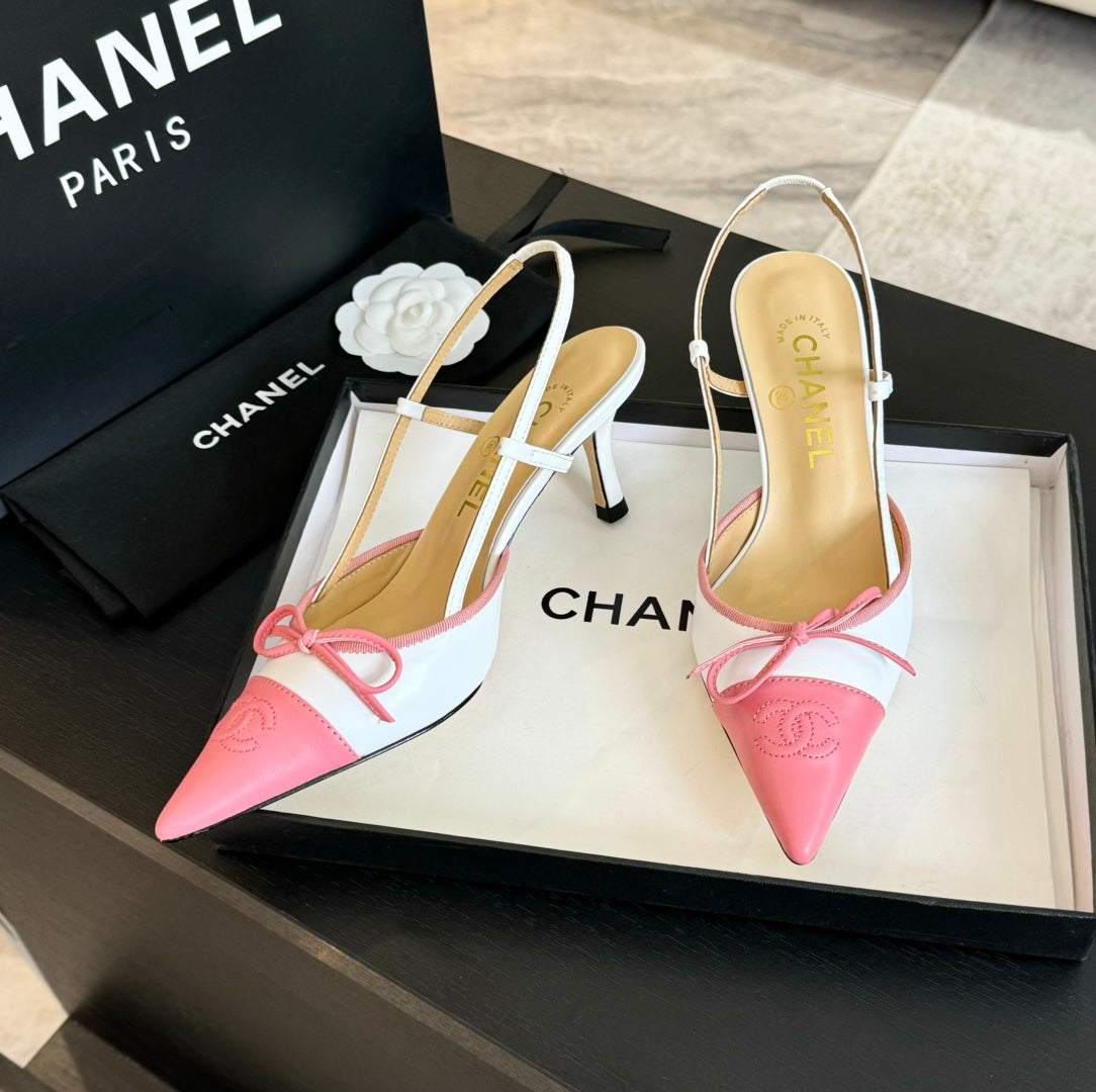 CHANEL SLINGBACK WITH BOW IN LIGHT PINK MIX WHITE LAMBSKIN
