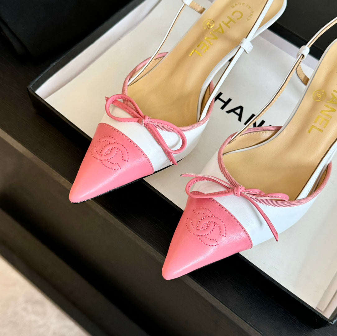 CHANEL SLINGBACK WITH BOW IN LIGHT PINK MIX WHITE LAMBSKIN