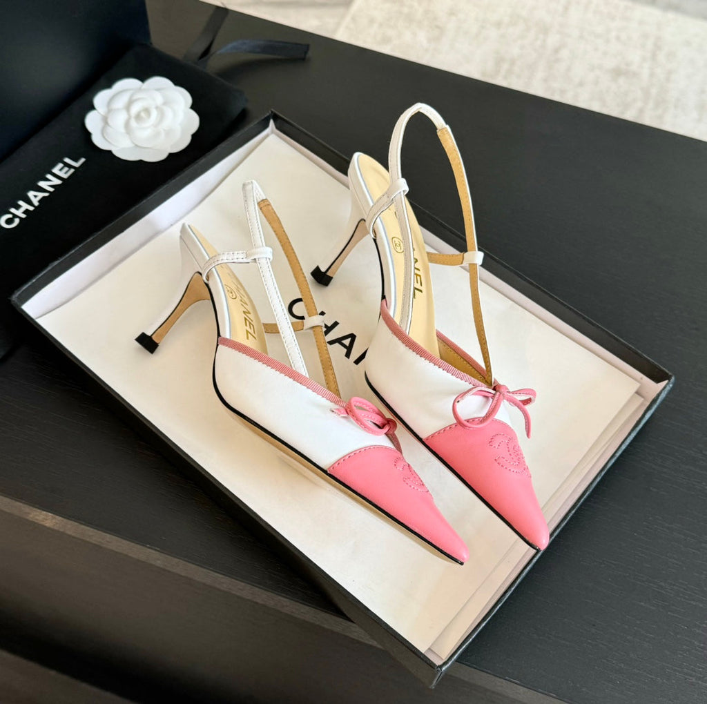 CHANEL SLINGBACK WITH BOW IN LIGHT PINK MIX WHITE LAMBSKIN