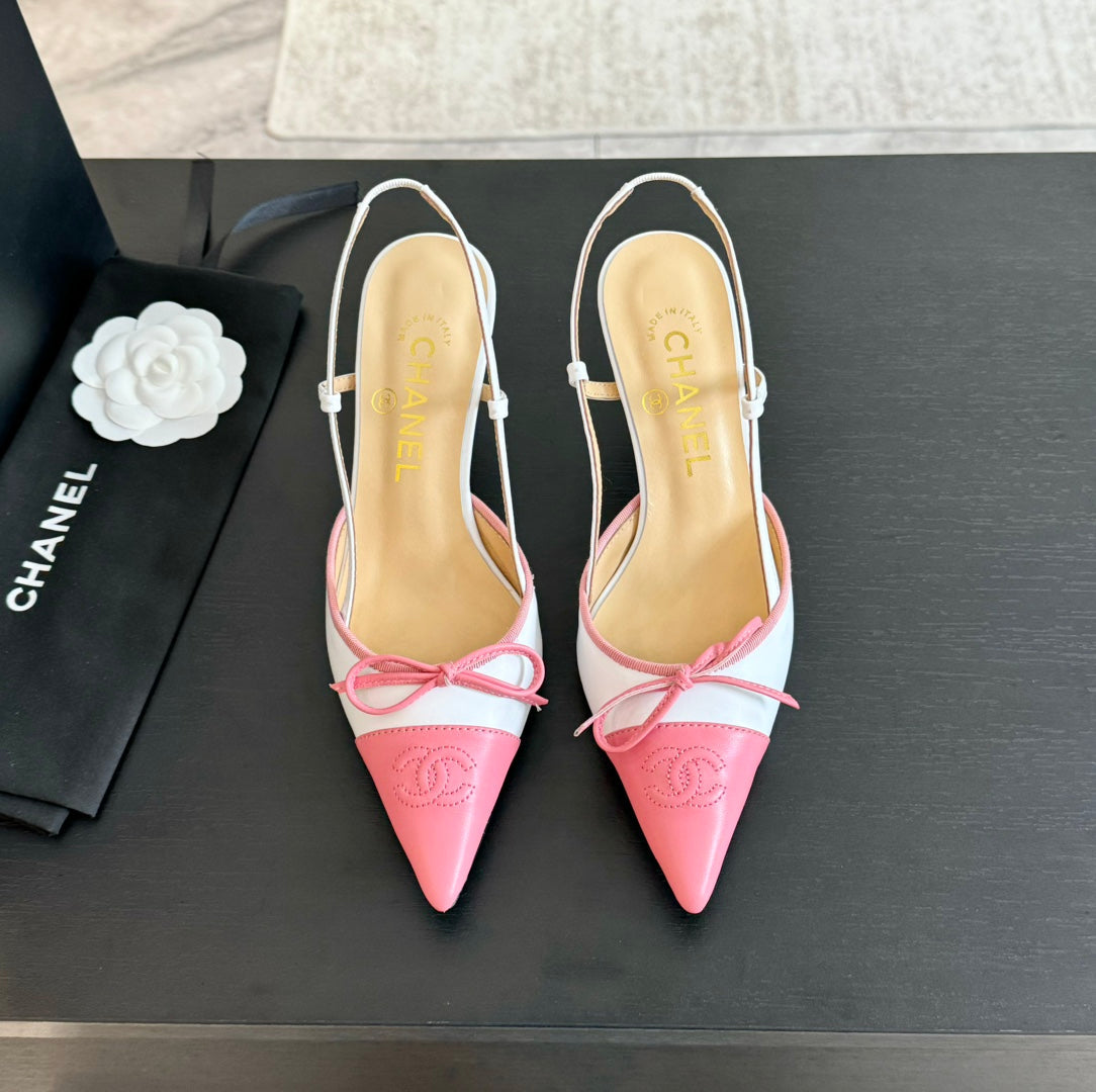 CHANEL SLINGBACK WITH BOW IN LIGHT PINK MIX WHITE LAMBSKIN
