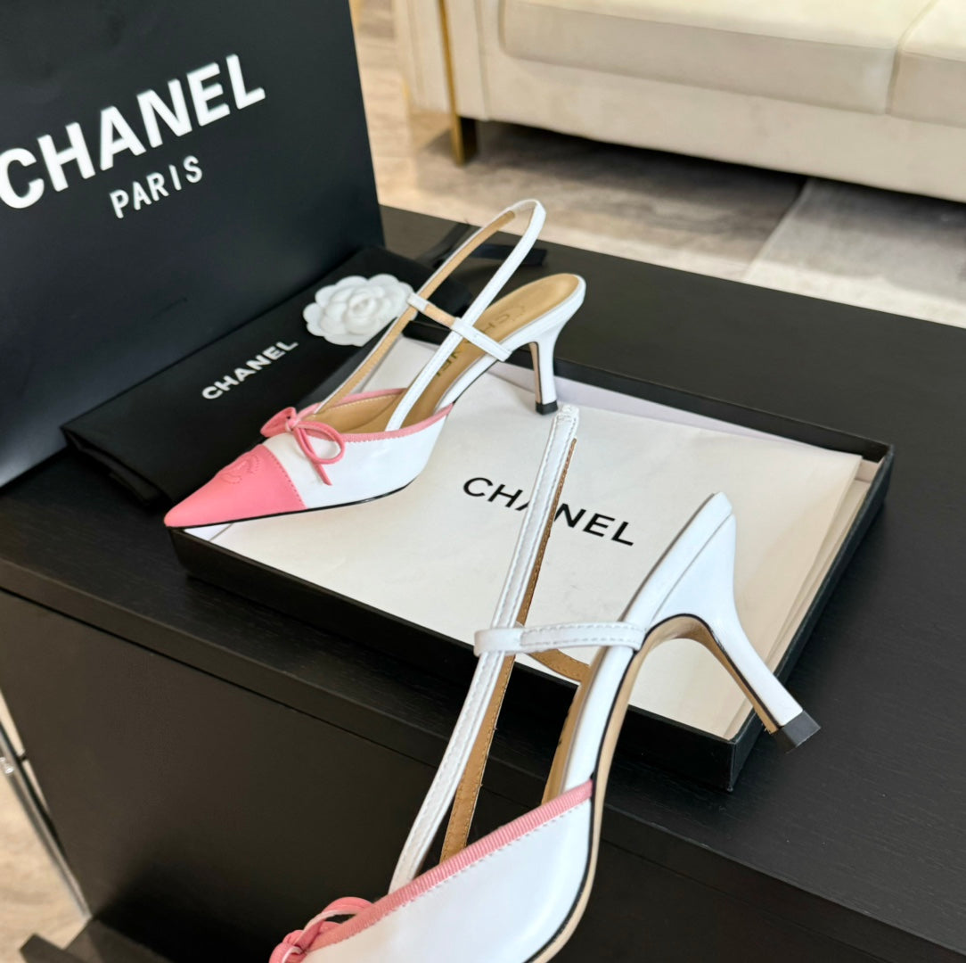 CHANEL SLINGBACK WITH BOW IN LIGHT PINK MIX WHITE LAMBSKIN