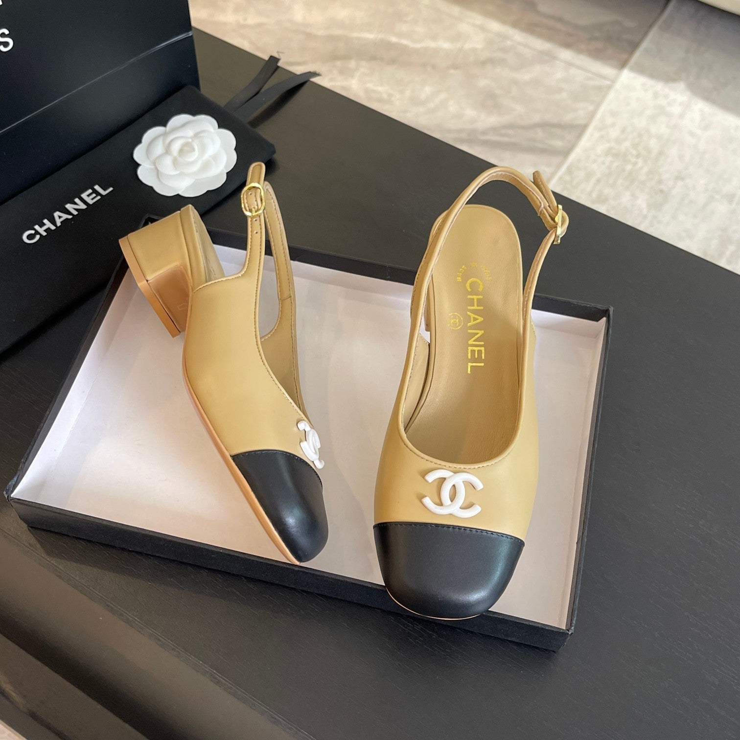 CHANEL SLINGBACKS IN DARK BEIGE MIX BLACK CALFSKIN