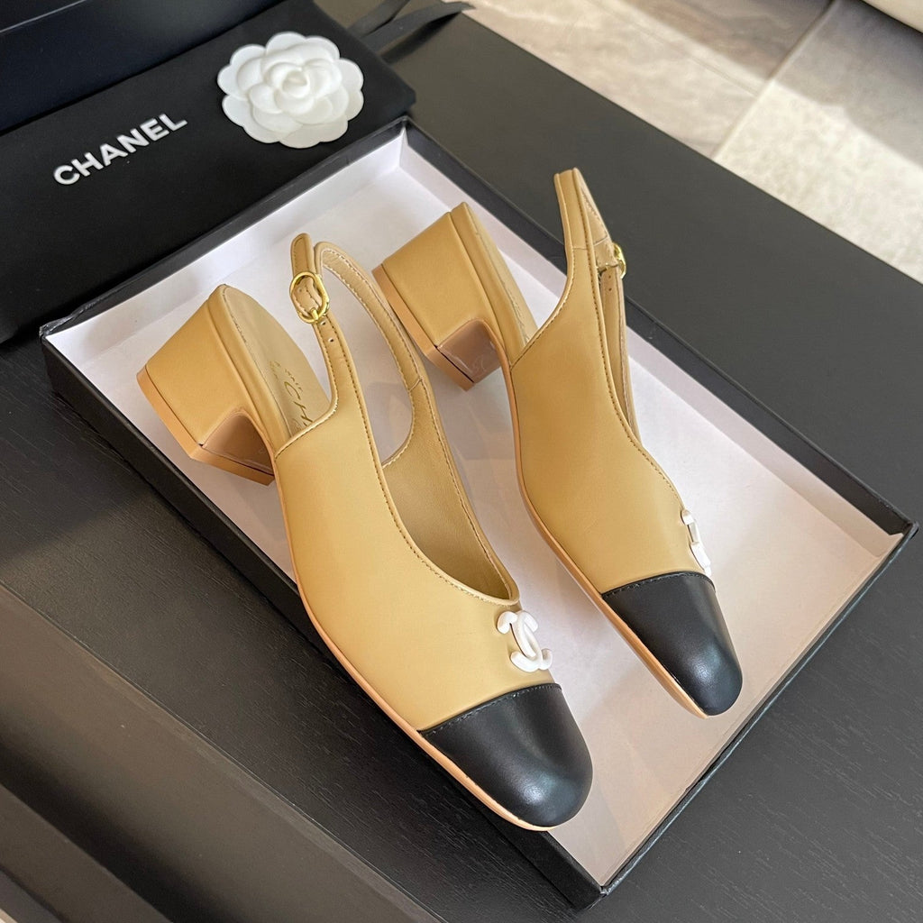 CHANEL SLINGBACKS IN DARK BEIGE MIX BLACK CALFSKIN