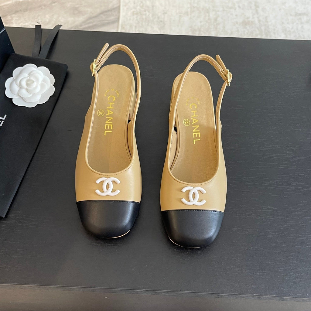 CHANEL SLINGBACKS IN DARK BEIGE MIX BLACK CALFSKIN