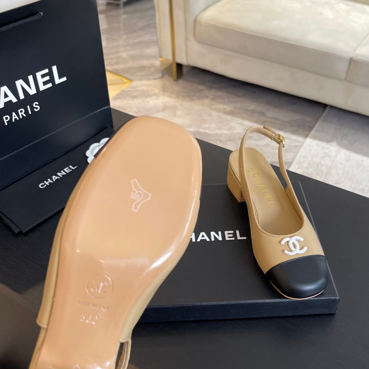 CHANEL SLINGBACKS IN DARK BEIGE MIX BLACK CALFSKIN