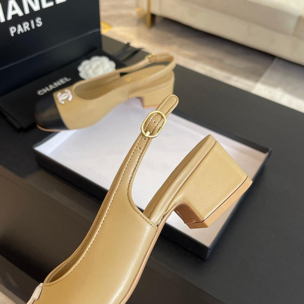 CHANEL SLINGBACKS IN DARK BEIGE MIX BLACK CALFSKIN