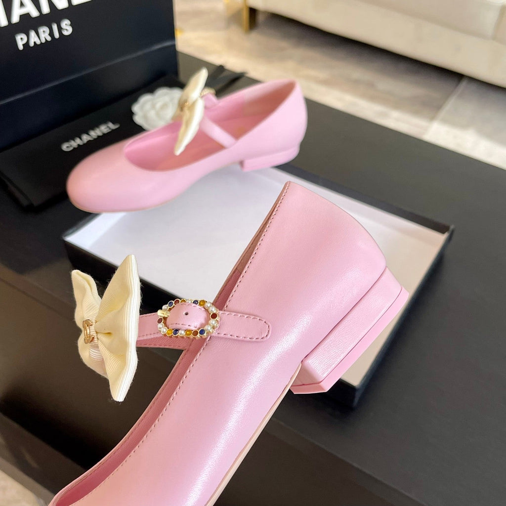 CHANEL BALLET FLAT LIGHT PINK LAMBSKIN WITH WHITE BOW