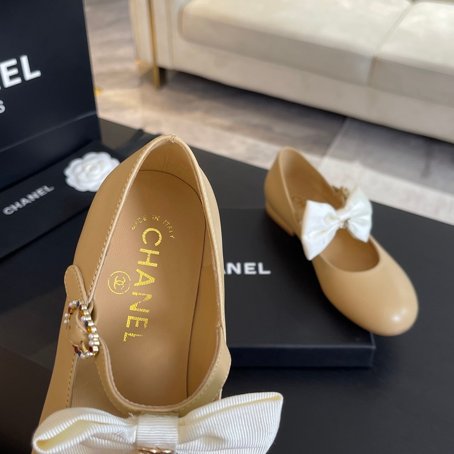 CHANEL BALLET FLAT DARK CREAM LAMBSKIN WITH WHITE BOW