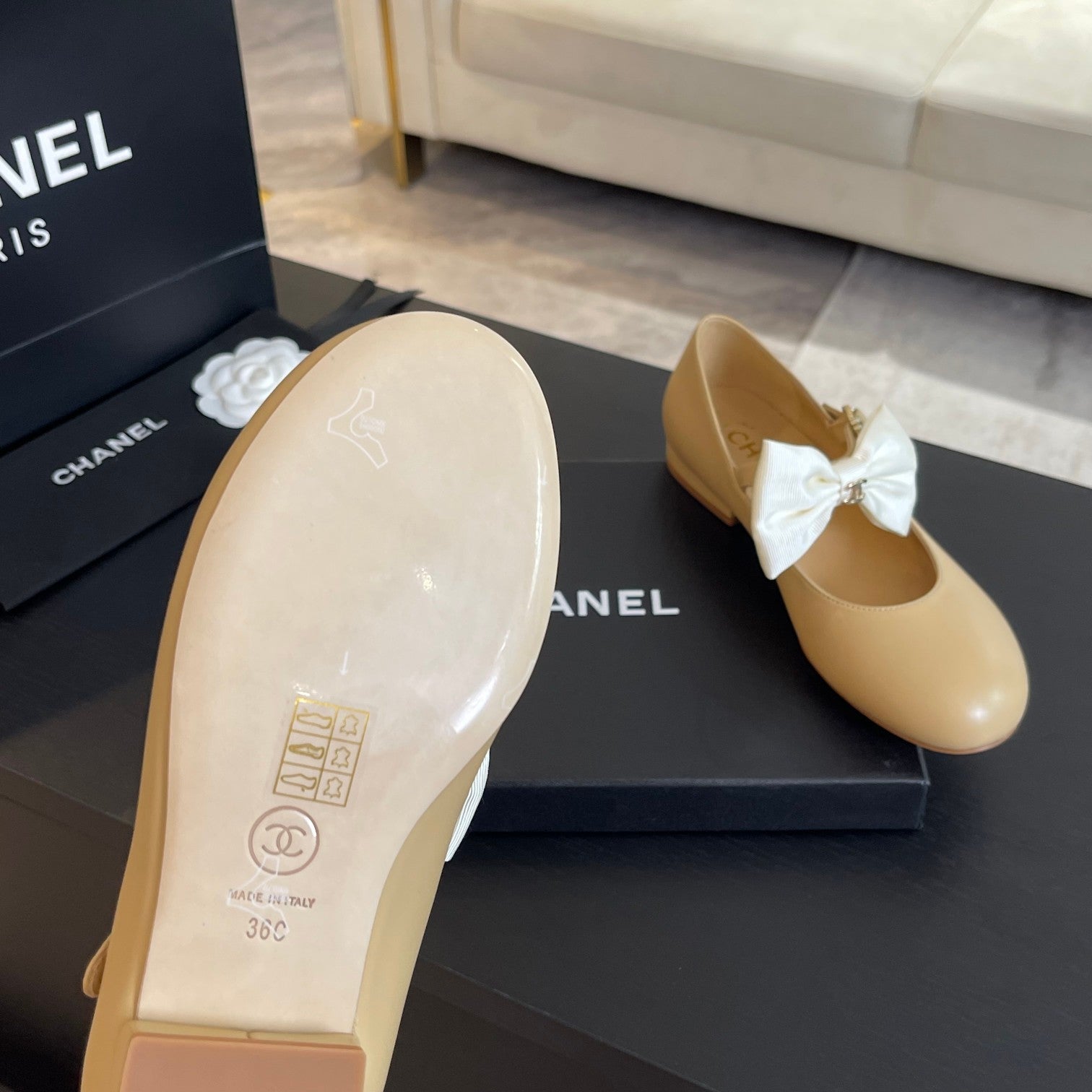 CHANEL BALLET FLAT DARK CREAM LAMBSKIN WITH WHITE BOW