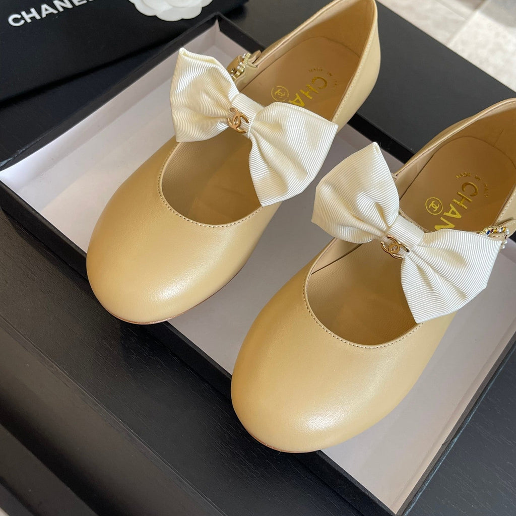 CHANEL BALLET FLAT DARK CREAM LAMBSKIN WITH WHITE BOW