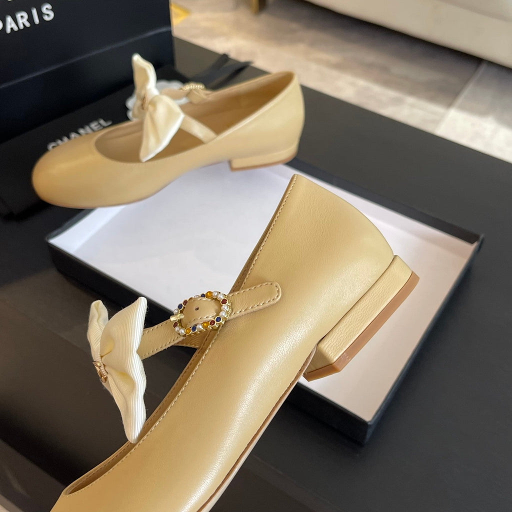 CHANEL BALLET FLAT DARK CREAM LAMBSKIN WITH WHITE BOW