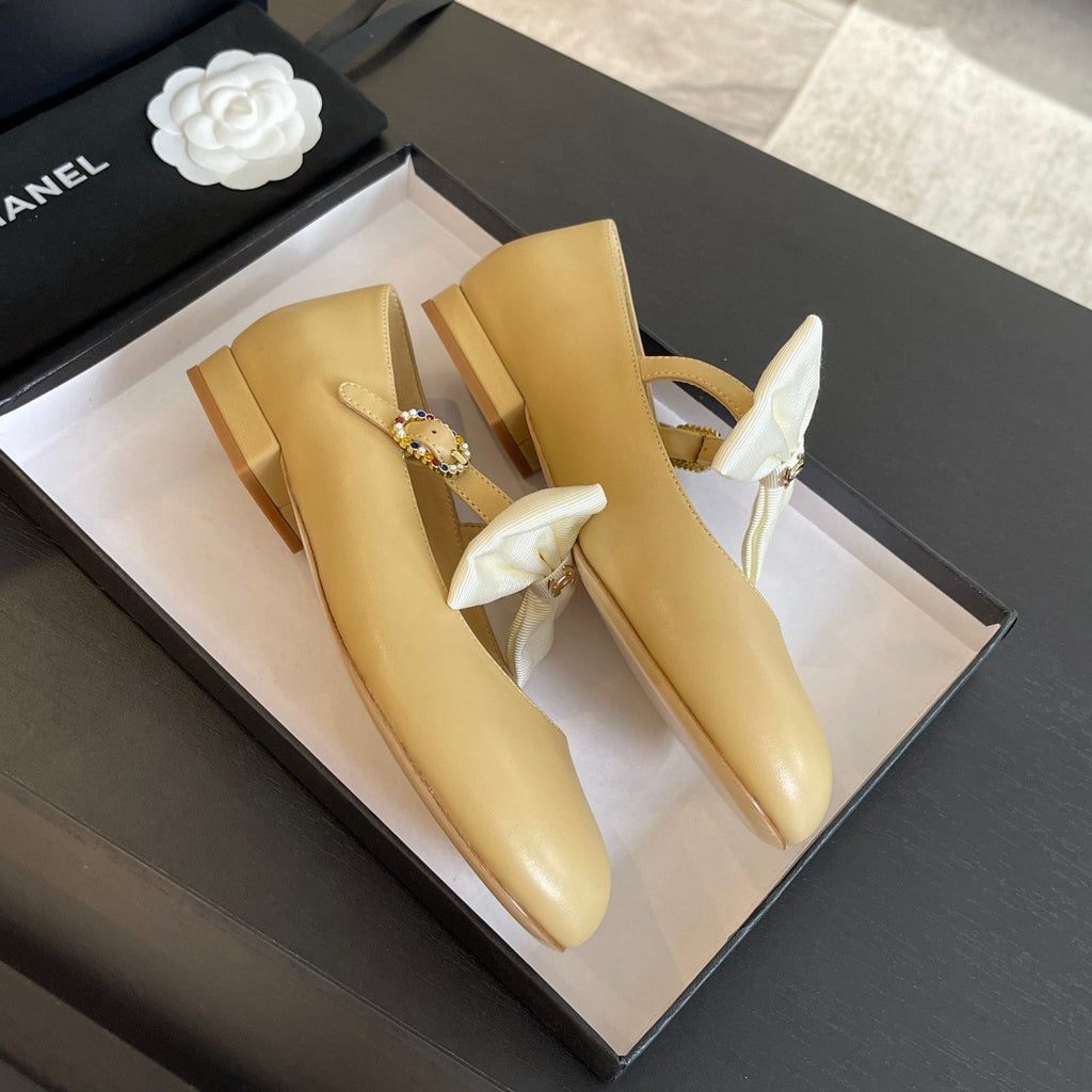 CHANEL BALLET FLAT DARK CREAM LAMBSKIN WITH WHITE BOW