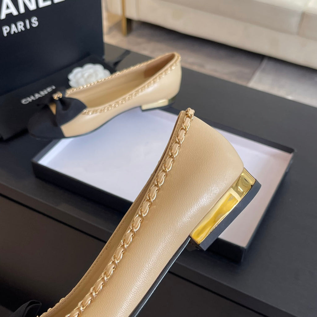 CHANEL BALLET FLAT BEIGE CREAM CALFSKIN AND FABRIC