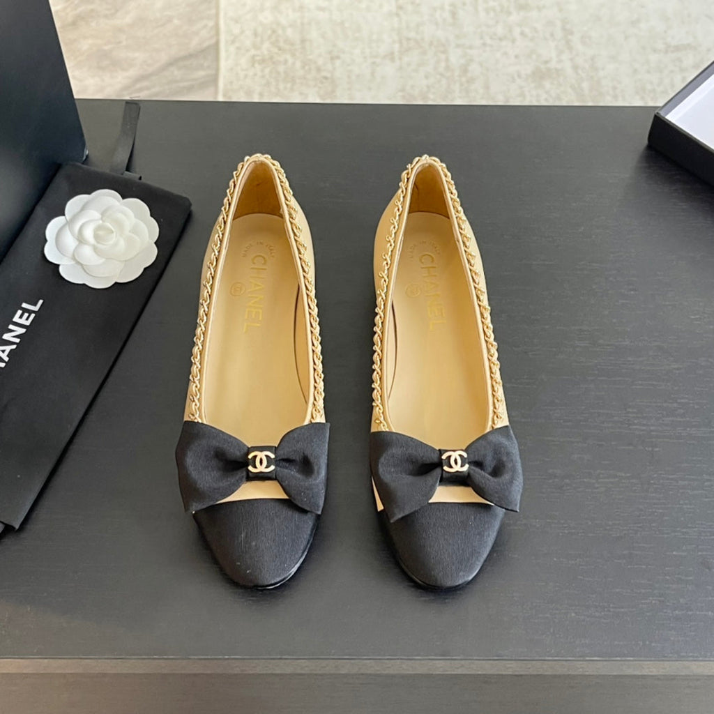 CHANEL BALLET FLAT BEIGE CREAM CALFSKIN AND FABRIC